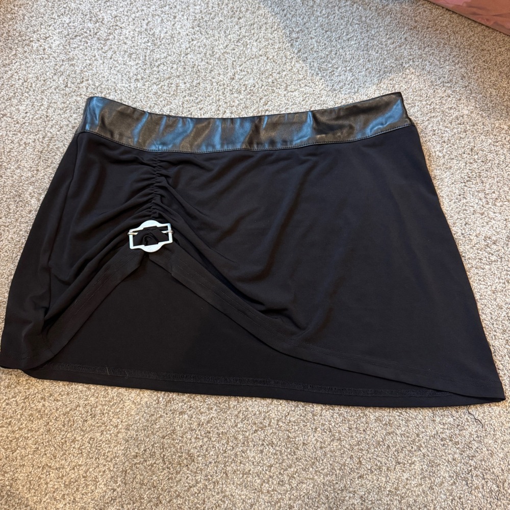I.AM.GIA Black Asymmetrical Mini Skirt Ruched Buckle Detail Faux Leather Trim L